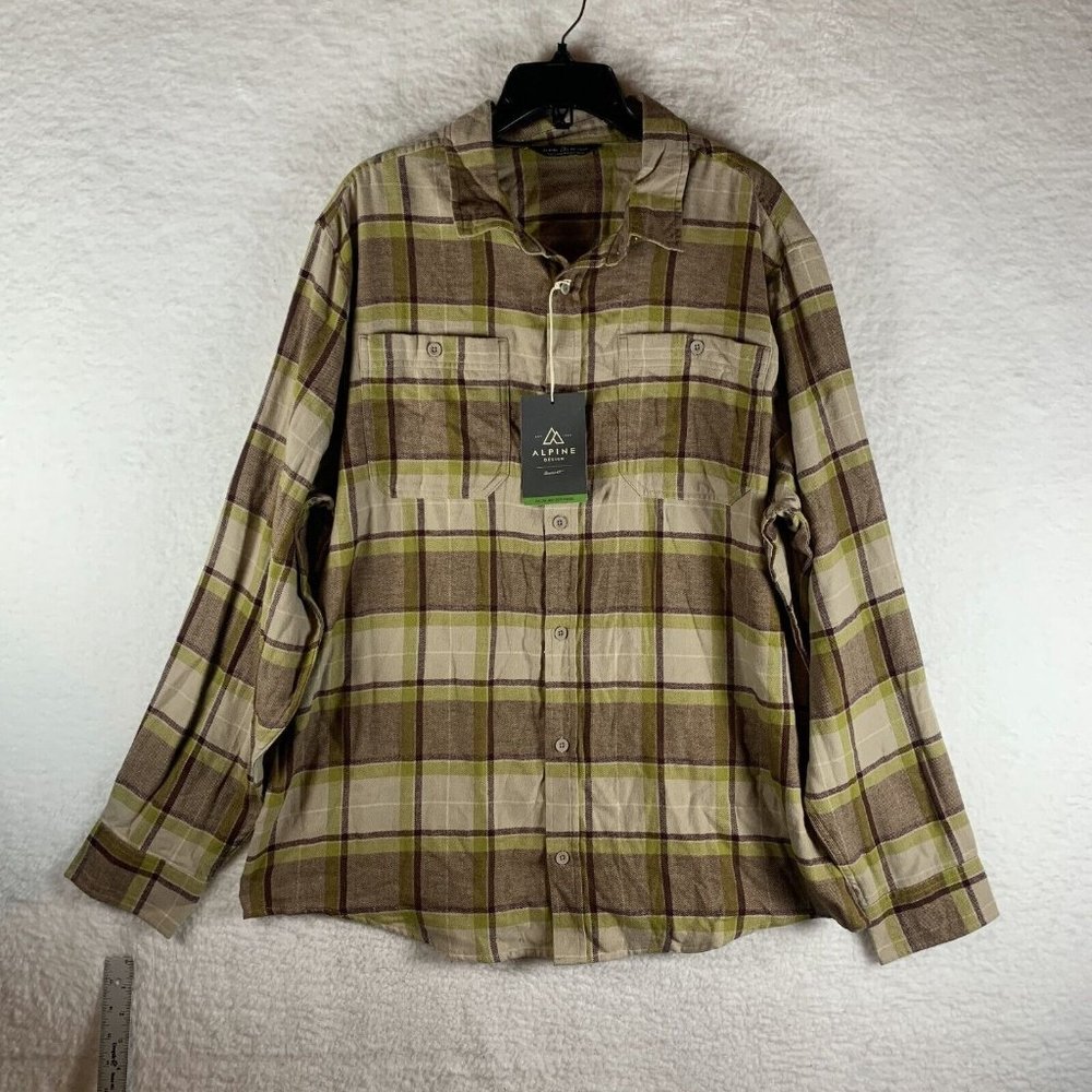 Alpine Design Flannel Shirt Men‎ XL Brown Plaid Cotton Collared Long Sleeve 7020
